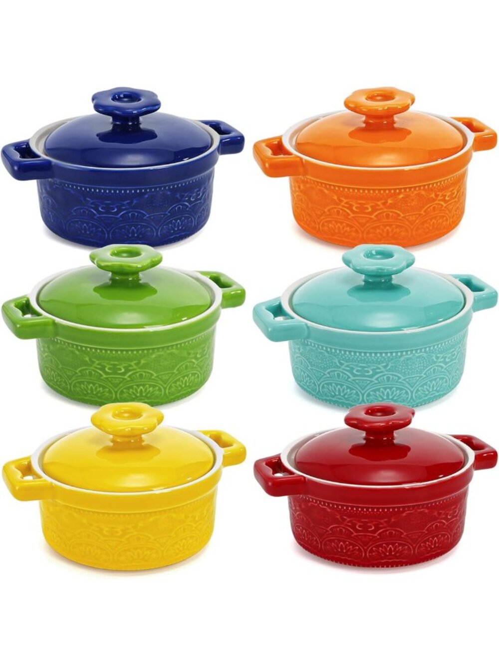 Set of 6 Mini Cocotte Ramekins with Lids - Oven Safe Ceramic Casserole Dishes, 8